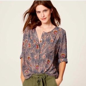 Ann Taylor LOFT Top | Peacock Print Long Sleeve Blouse | Size XS